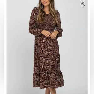 Burgundy Floral Long Sleeve Smocked Maternity Midi Dress